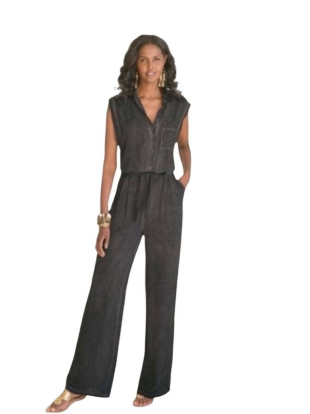 Soft Surroundings NWT Sleeveless Button-Front Black Jumpsuit With Tie Waist & Po